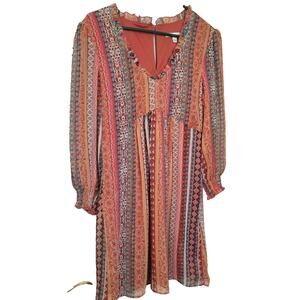 City Vibe BOHO Cottagecore Prairie Hippie Peasant Multicolor Lng Slv Dress Sz 7